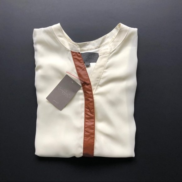 New ANTHROPOLOGIE Anhinga Vegan Leather Tunic Top Sleeveless Cream Brown Sz XS - Picture 4 of 9